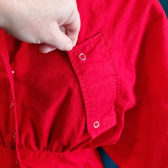 💃VINTAGE 80s Avon Bright Red Shirtdress Puff Sleeve Elastic Waist Midi 8 - Picture 10 of 10